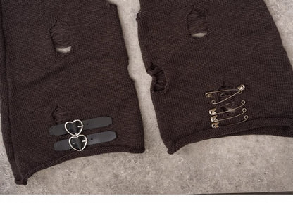 PU Buckles Dark Gray Gothic Distressed Holes Leg Warmers