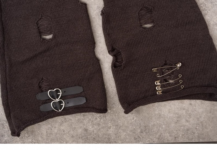PU Buckles Dark Gray Gothic Distressed Holes Leg Warmers