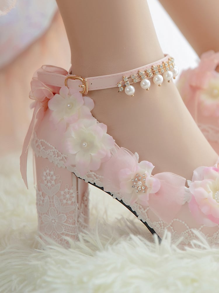 Pink Sakura Hime Lolita Shoes Bow Accents Beaded Detail Princess High Heels