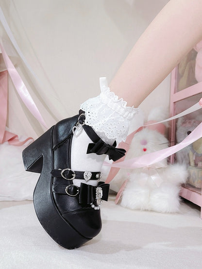 Matte Black Jirai Kei Beaded Charm Rhinestone Decorated Bowknot Details Platform High Block Heels