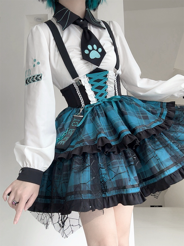 Lace-up Detail Black and Green Plaid Punk Lolita Corset Waist Overall Dress