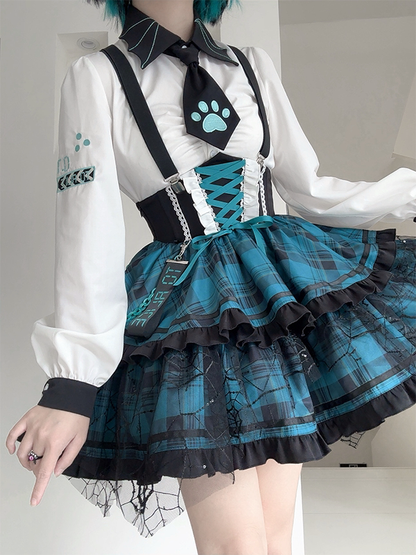 Lace-up Detail Black and Green Plaid Punk Lolita Corset Waist Overall Dress