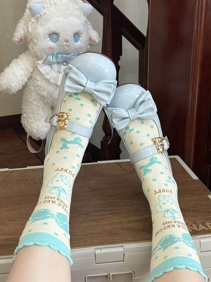 Sky Blue Bow at Top Sweet Lolita Flats with Hugging Bear Heart Buckles
