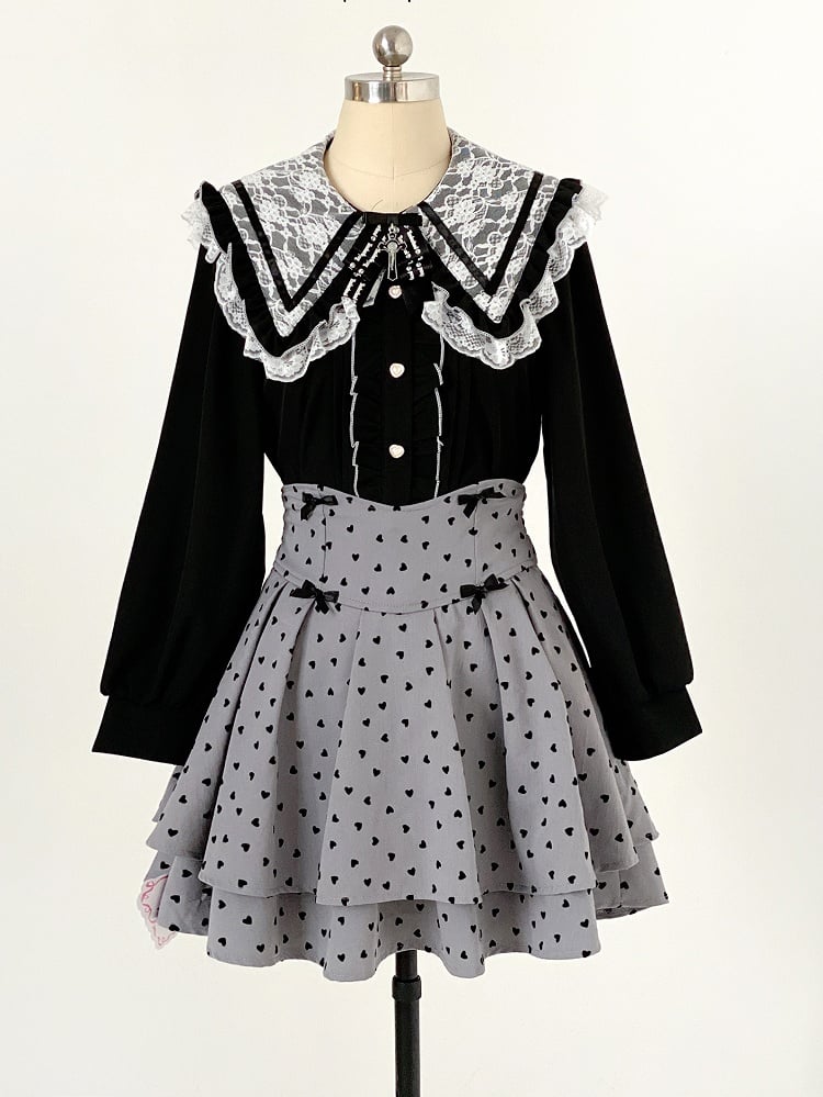Dark Sweetness Tiered Skirt: Jirai Kei High Waist with Heart Polka Dot Pattern