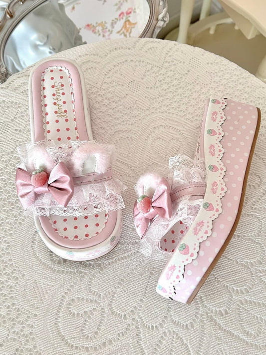 Pink Sweet Lolita Bow Accents Lace Trim Plush Bunny Ear Platform Slippers
