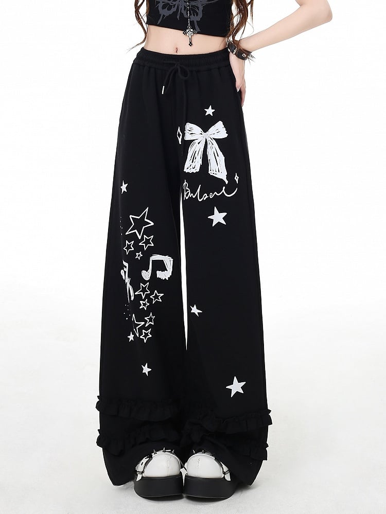 Black/Light Gray Bow and Star Print Vintage Wide-Leg Pants