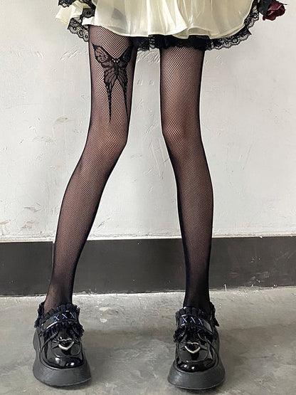 Butterfly Creamy White / Black Tattoo Fishnet Tights