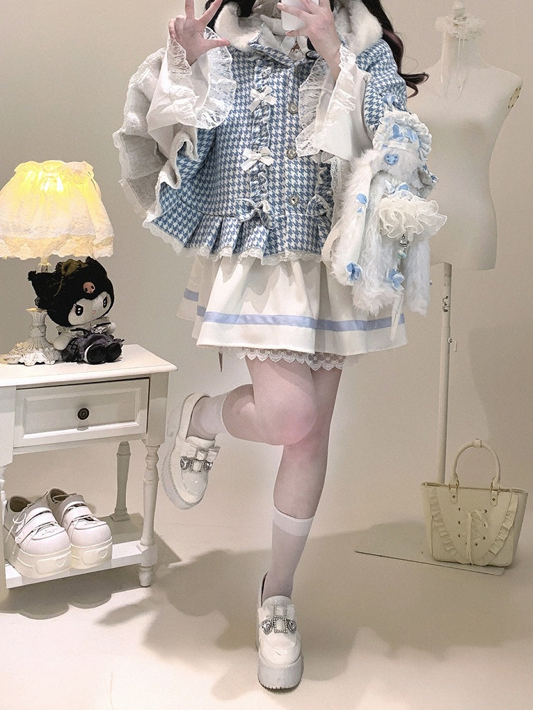 Jirai Kei Houndstooth Fleece-Lined Hooded Cape with Heart Buttons, Bow & Pompom | 3 Colors