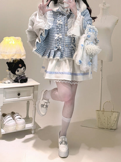 Jirai Kei Houndstooth Fleece-Lined Hooded Cape with Heart Buttons, Bow & Pompom | 3 Colors