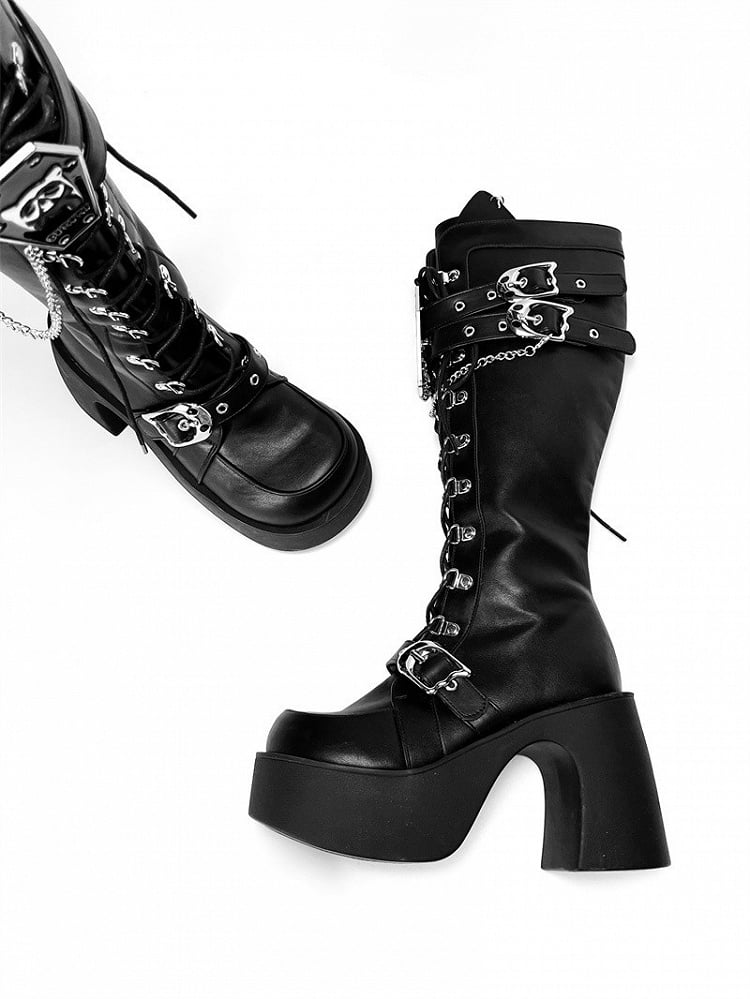 Ghost Cat Black High Block Heel Boots with Detachable Chain