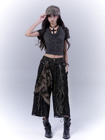 Camouflage Lace-up Front Punk Rock Distressed Straight-leg Jeans