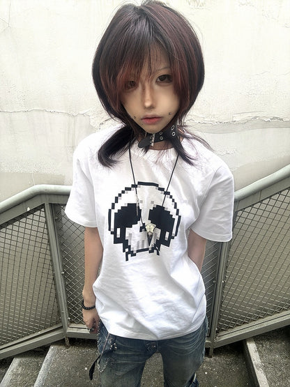 Black/White Round Neck Pixel Skeleton Print Cotton T-Shirt