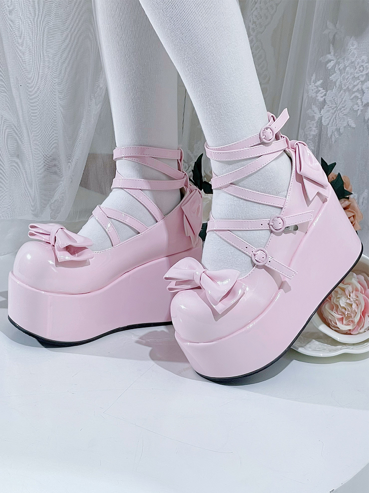 Pink Bowknot Buckle Straps Round Toe Platform Lolita Shoes