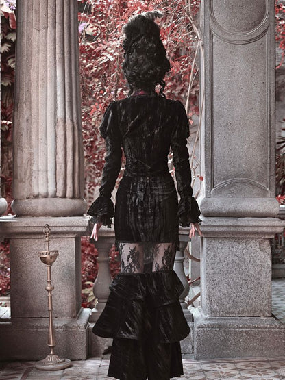 Halloween Gothic Black Velvet Cropped Jacket with Sequins Collar Vampire Jacket