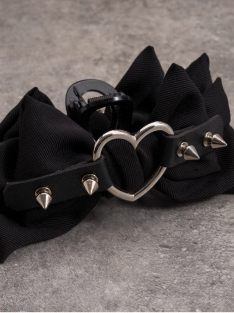 Gothic Cross Decorated Black Bowknot With Heart Buckle Claw Clip