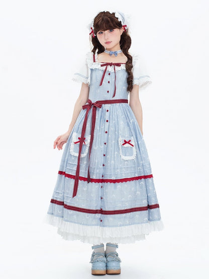 Plus Sizes Available Blue and White Classic Lolita OP + Small Bows Fabric Lolita JSK