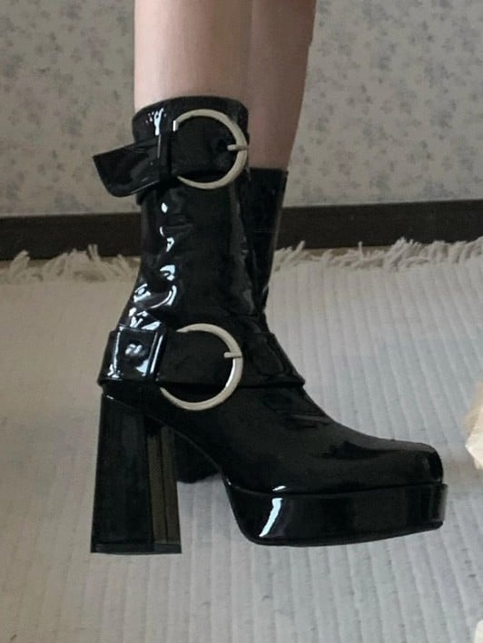 Mid-calf Polished Black Boots - Square Toe Platform with Decorative Buckles & Inner Zipper