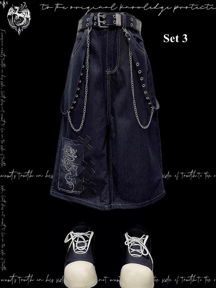 Dark Blue Dragon and Cross Appliques Punk Wide-Leg Jeans