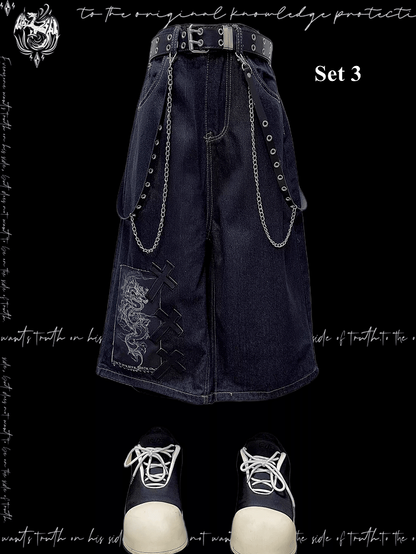 Dark Blue Dragon and Cross Appliques Punk Wide-Leg Jeans