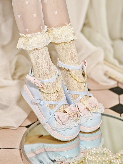 Blue Floral Design Bow at Top Lace Trim Heart Buckle Platforms With Detachable Beaded Chain