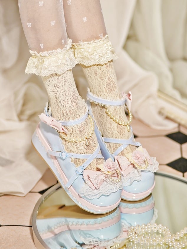 Blue Floral Design Bow at Top Lace Trim Heart Buckle Platforms With Detachable Beaded Chain
