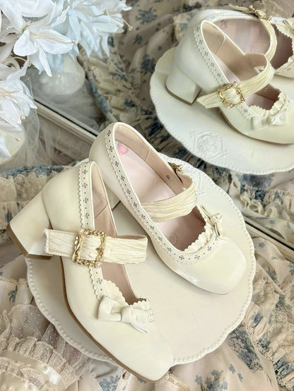 PU White Elegant Lolita Mary Janes - Low/Mid Heel with Pleated Straps & Floral Cutouts