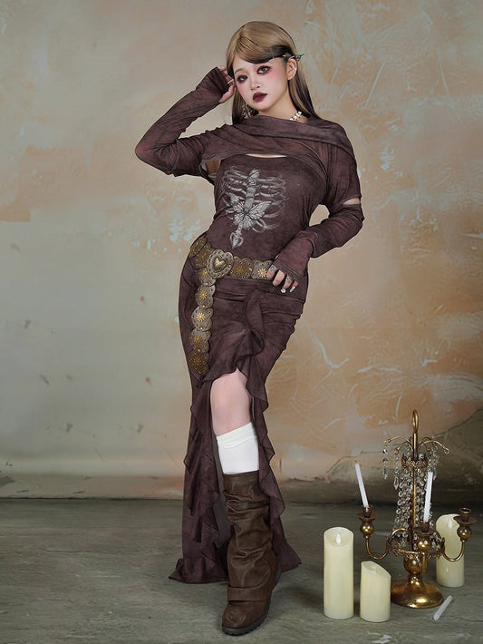 Plus Size Dark Coffee Butterfly Skeleton Print Wasteland Punk Side Slit Dress