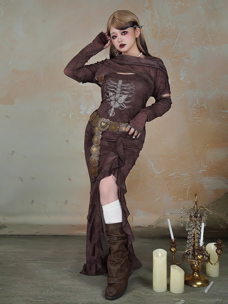 Plus Size Dark Coffee Butterfly Skeleton Print Wasteland Punk Side Slit Dress