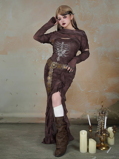Plus Size Dark Coffee Butterfly Skeleton Print Wasteland Punk Side Slit Dress