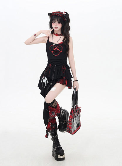 Red and Black Plaid Drawstring Waist Handkerchief Hem Tiered Skirt Cami Dress
