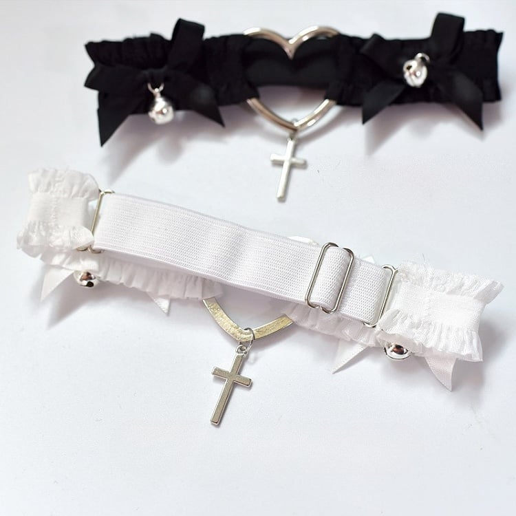 Black/White Punk Cross Pendant Bowknot Details Choker