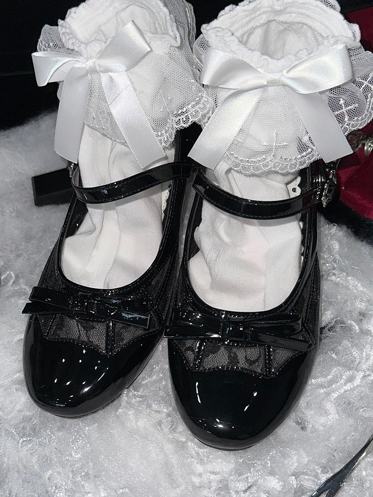 Polished Black Gothic Bow at Top Spiderweb Design Mary Janes