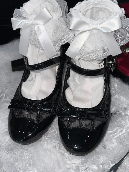 Polished Black Gothic Bow at Top Spiderweb Design Mary Janes