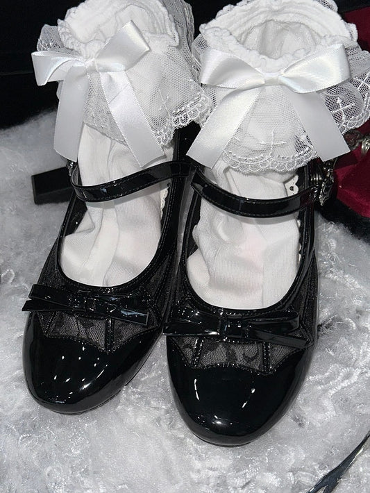 Polished Black Gothic Bow at Top Spiderweb Design Mary Janes
