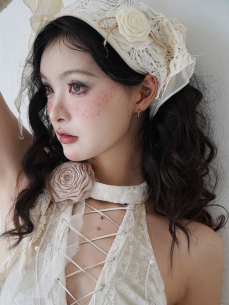 Lace-up Detail Beige Flower Halter Neck Backless Top + Sleeves Set