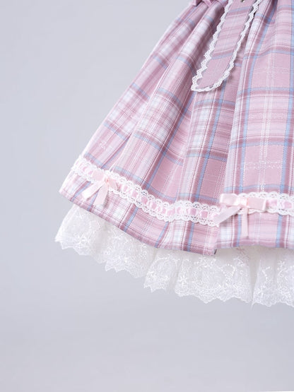 Pink Lace-up High Waist Jirai Kei Plaid Skirt with Detachable Flutter Straps