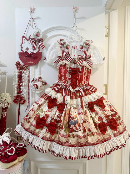 Clearance-Size M for Bust 94CM Red Strawberry Embroidery Collar White Short Sleeves Blouse