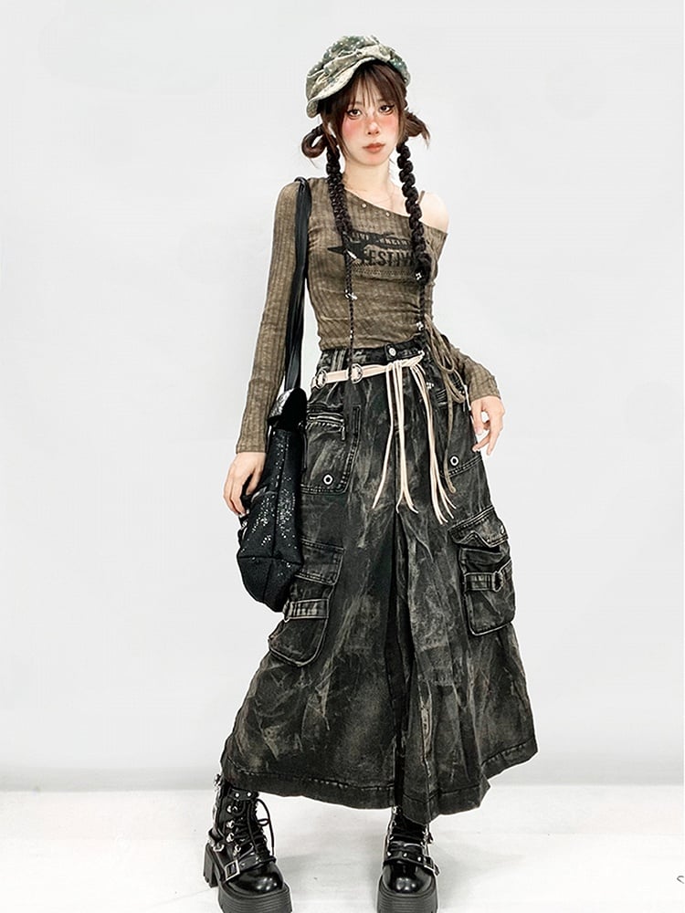 Black Faded Wash Cargo Pockets Wasteland Punk Skirt