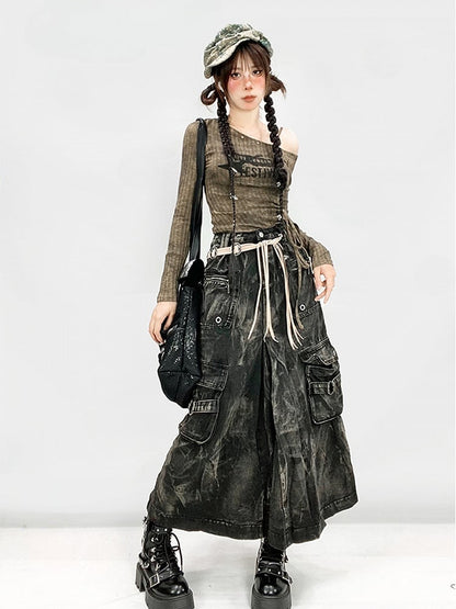 Black Faded Wash Cargo Pockets Wasteland Punk Skirt