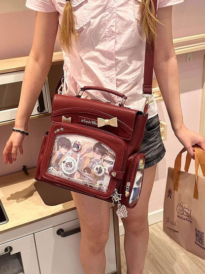 Wine Red 2-Way Ita Bag With Transparent Window And Bow Decoration