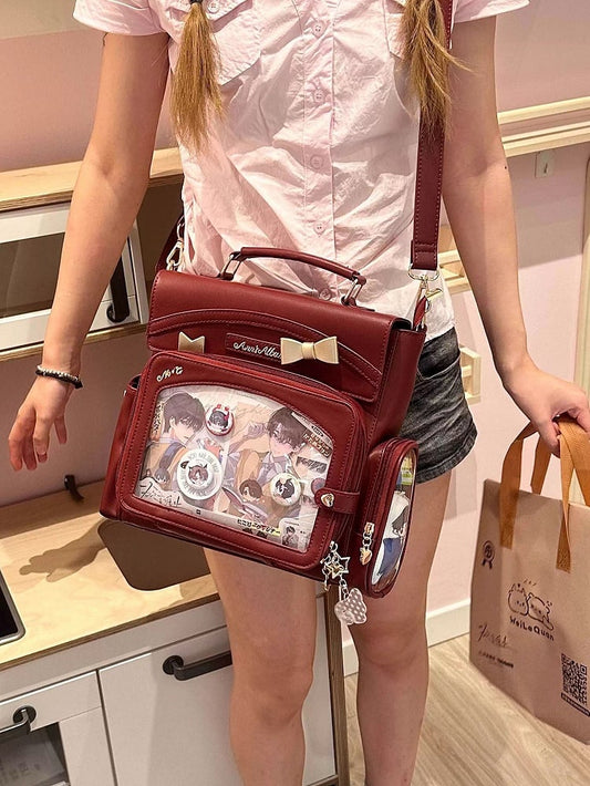 Wine Red 2-Way Ita Bag With Transparent Window And Bow Decoration