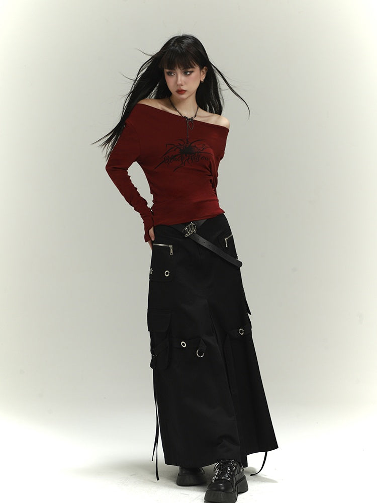 Wine Red Asymmetrical Neckline Spider Print Glamorous Slim-fitting Top