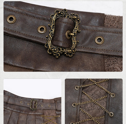 Chains Decorated Dark Brown Wasteland Punk Pleated Handkerchief Skirt