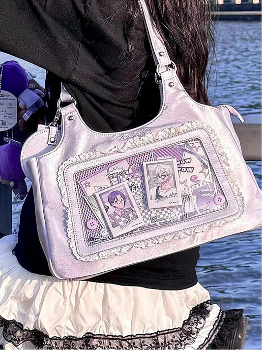 Kawaii Purple Satin Lace Trim Daily Ita bag with Card Holder Charm