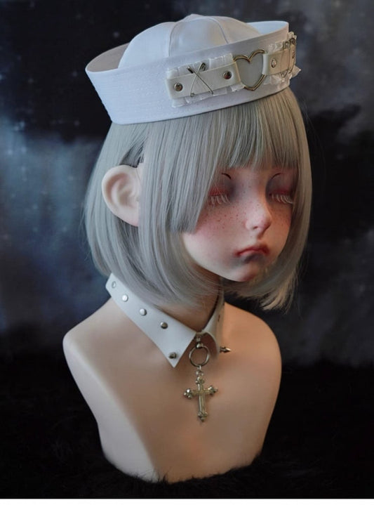 White Heart-shaped Ring Studs Pins Lace Sailor Hat