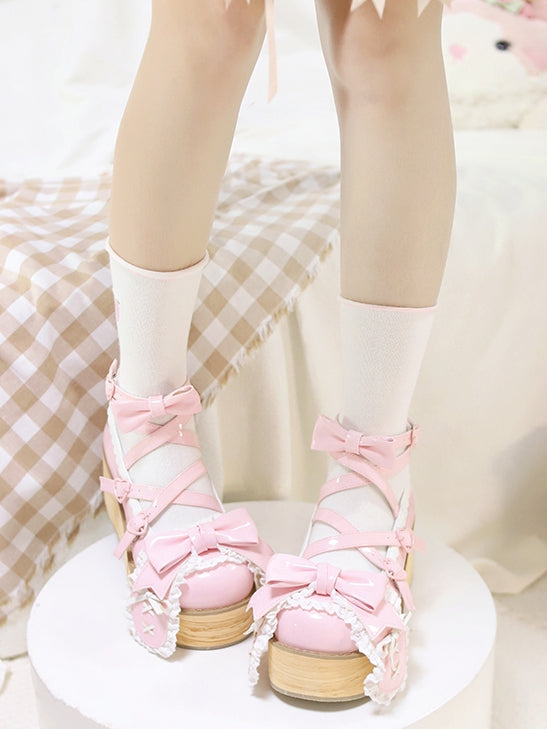 Polished Pink Bunny Ear Bowknot Old School Sweet Lolita Platforms
