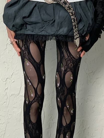 Black Y2K Floral Pattern Tights