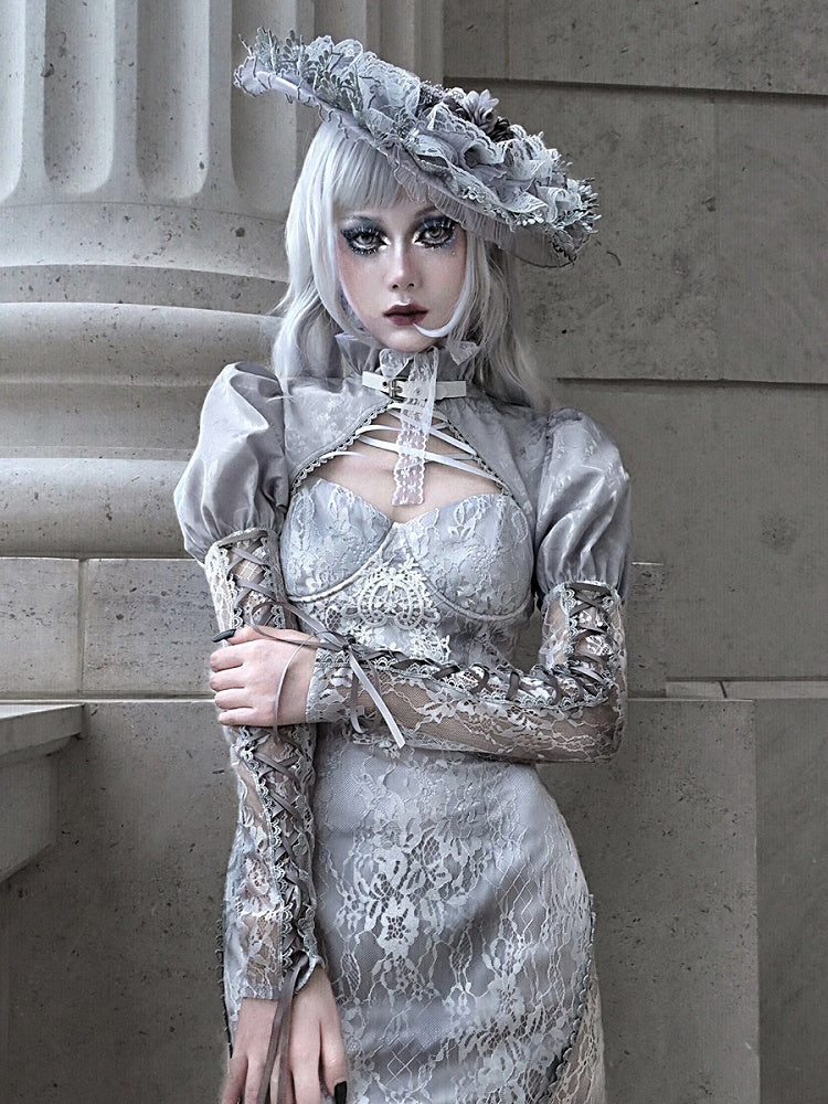 Clearance - Size M for Shoulders 32CM Rose Funeral Gothic Stand Collar Long Sleeves Cropped Jacket