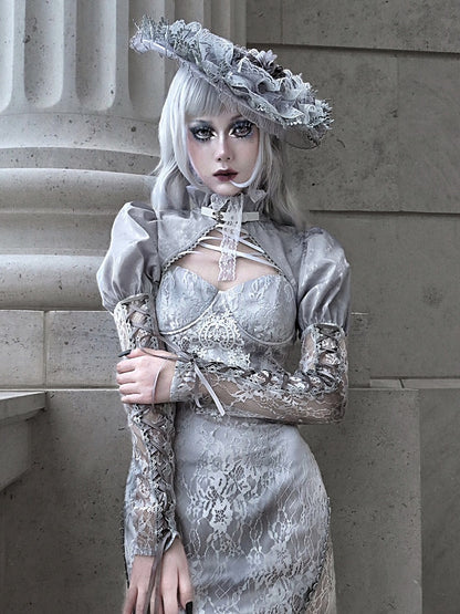 Clearance - Size M for Shoulders 32CM Rose Funeral Gothic Stand Collar Long Sleeves Cropped Jacket