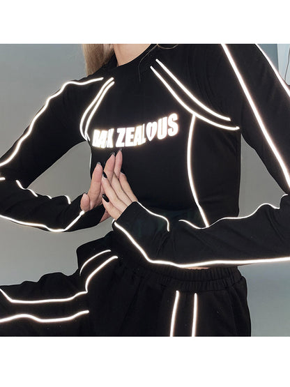 Futuristic Cyberpunk Reflective Long Sleeves Cropped Top